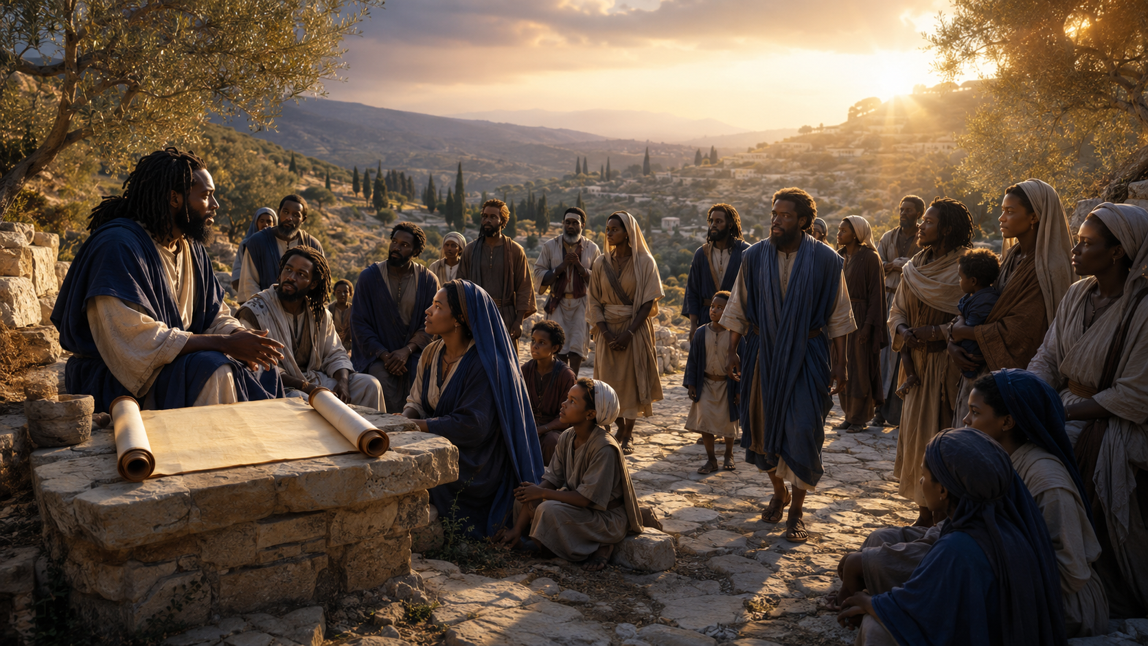 Black Abary families gathered in modest ancient garments to receive Scripture-centered teaching at sunset.