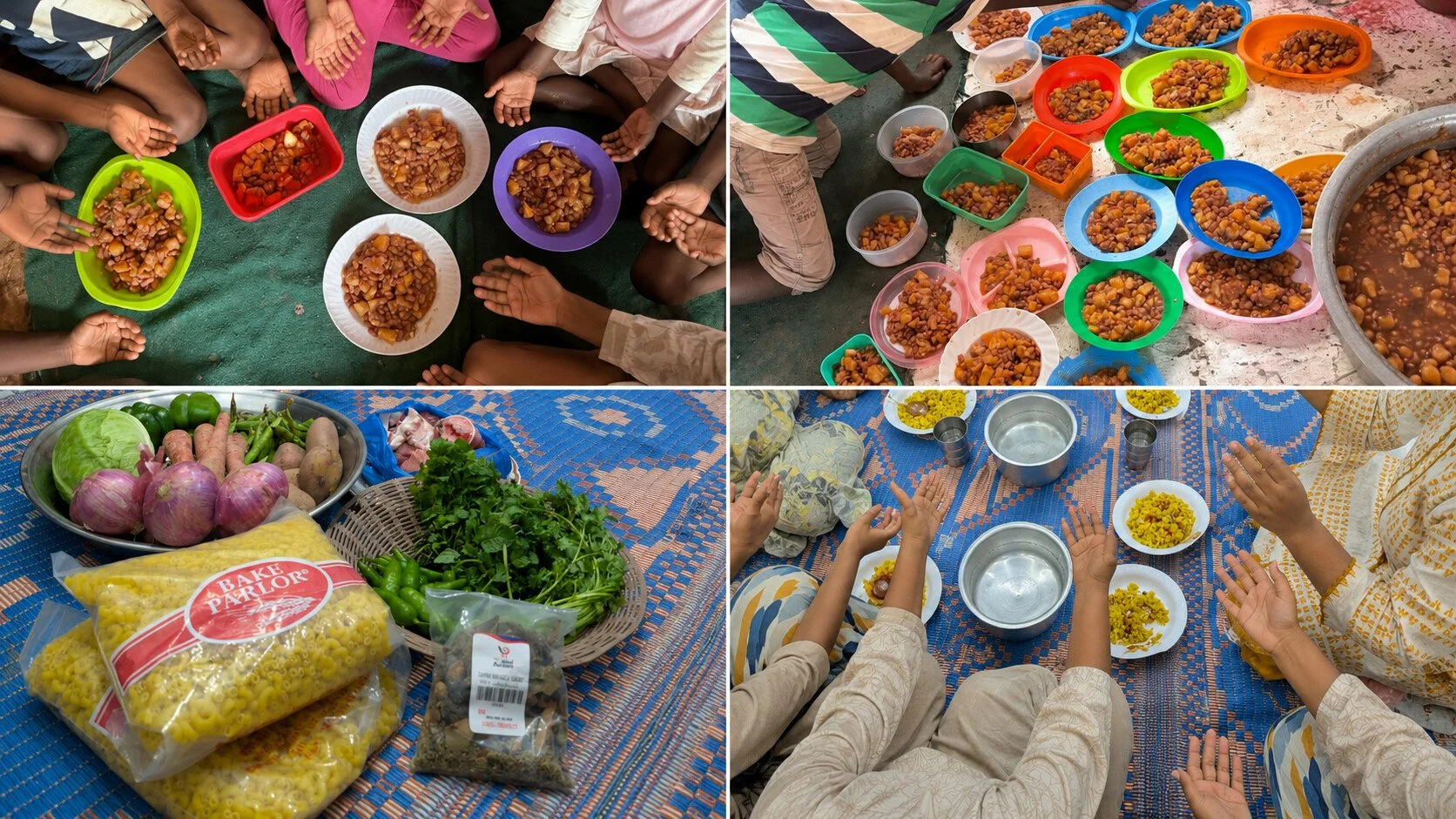 Real ministry food support showing prepared meals, groceries, and hands raised in palal, with faces cropped to protect privacy.