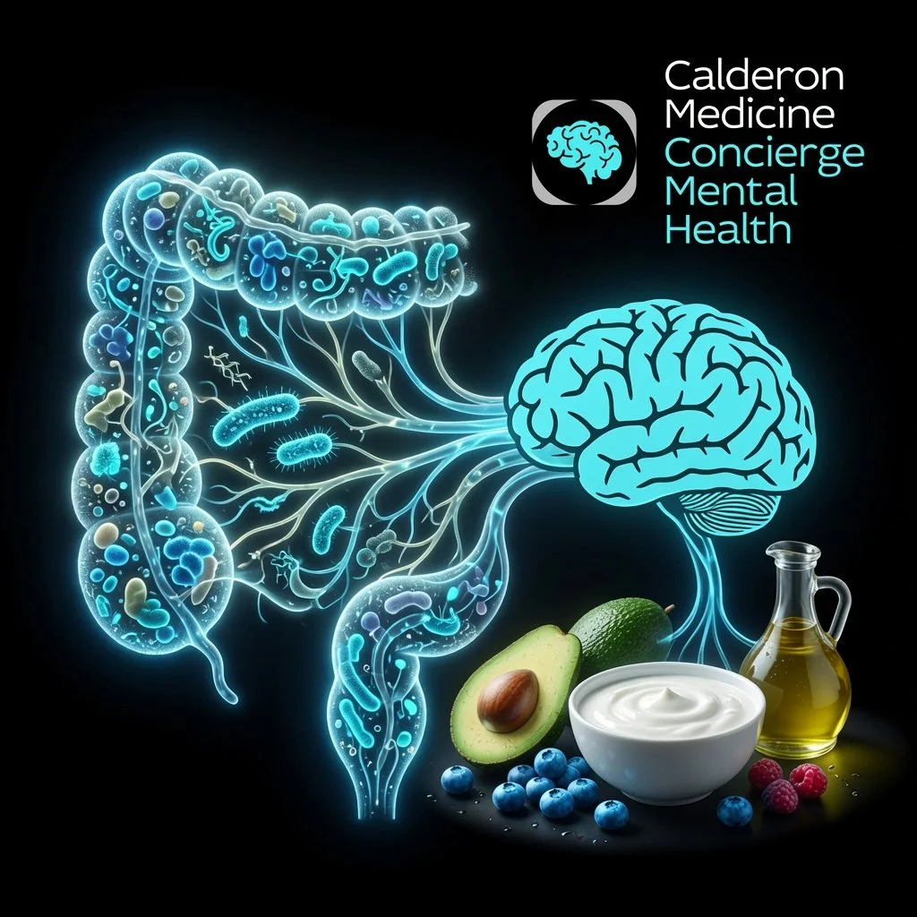 Glowing gut microbiome connected to cyan brain via neural pathways with Mediterranean foods like avocado, yogurt, berries and olive oil, illustrating the gut-brain axis for mental and physical health at Calderon Medicine Concierge Mental Health
