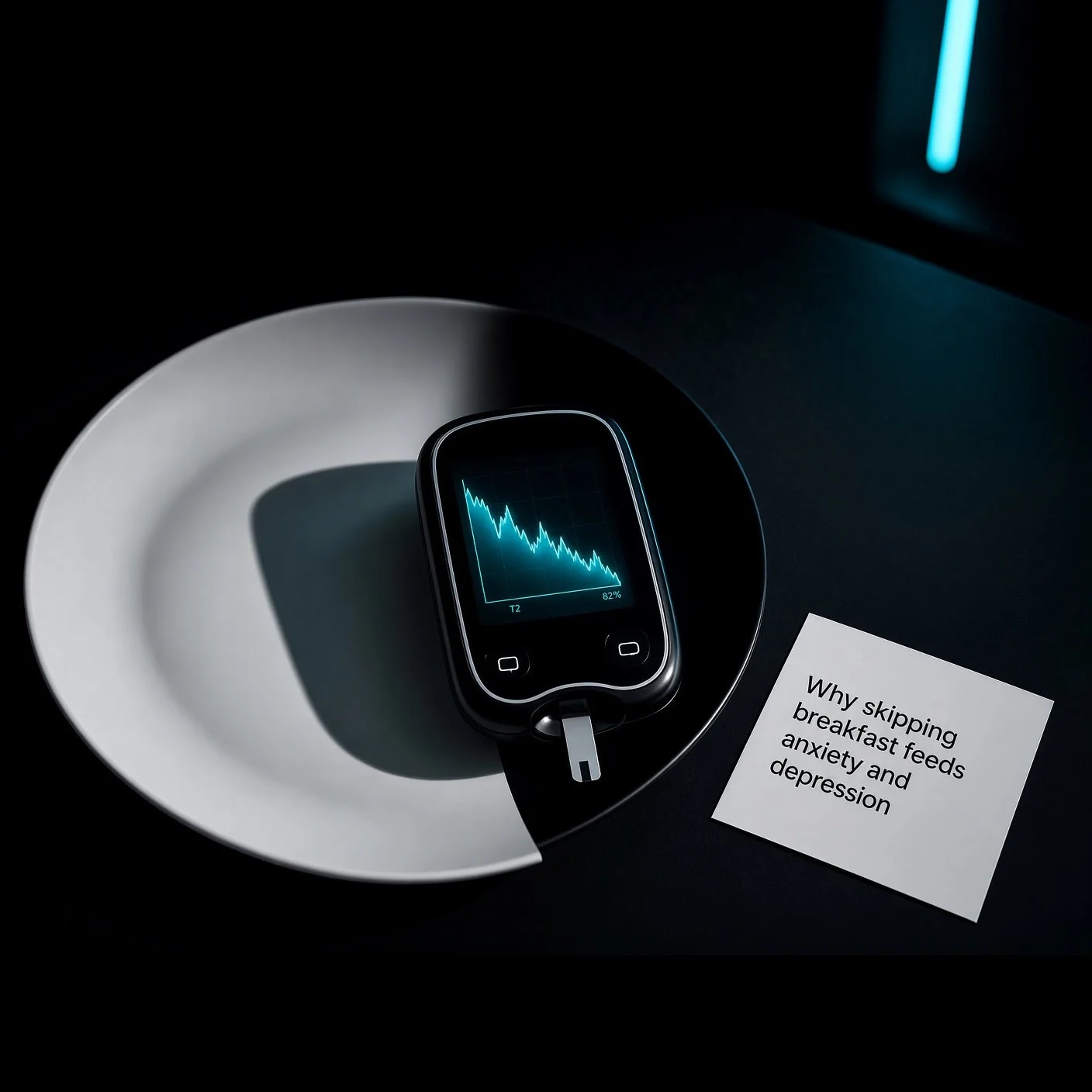 Empty white plate next to a glucose meter showing declining blood sugar levels and a note that reads “Why skipping breakfast feeds anxiety and depression,” illustrating the metabolic impact of missing breakfast on mental health.