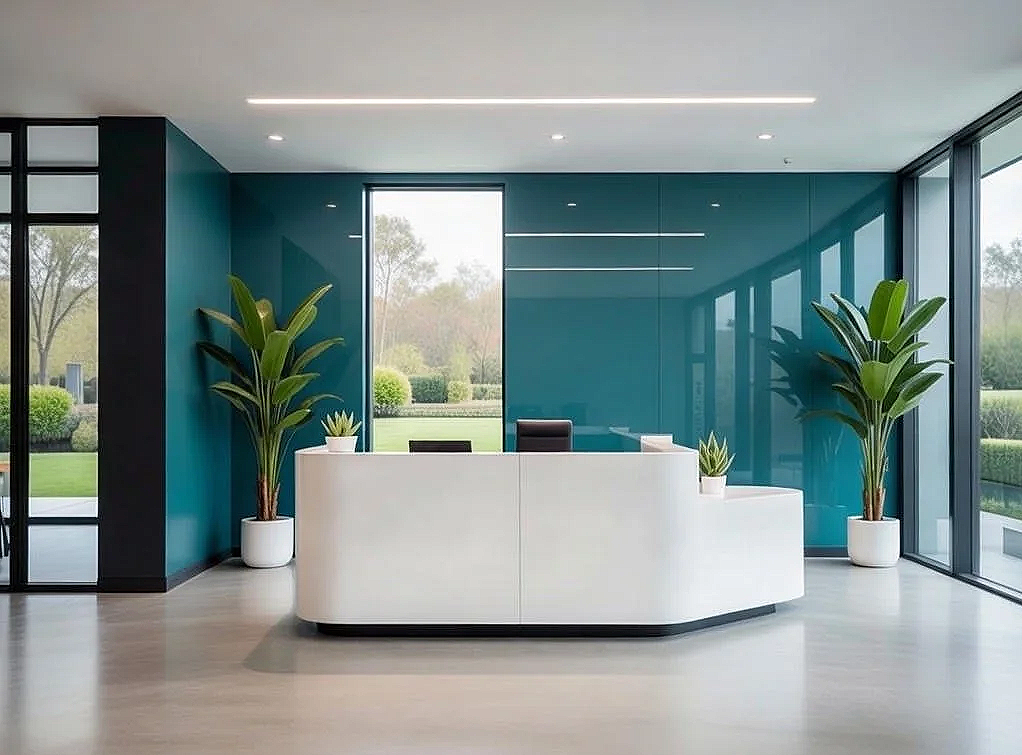 Calderon Medicine Concierge Mental Health Front office reception area with white desk, black chairs, green plants in white pots, large windows with trees outside, blue accent wall, and bright lighting.