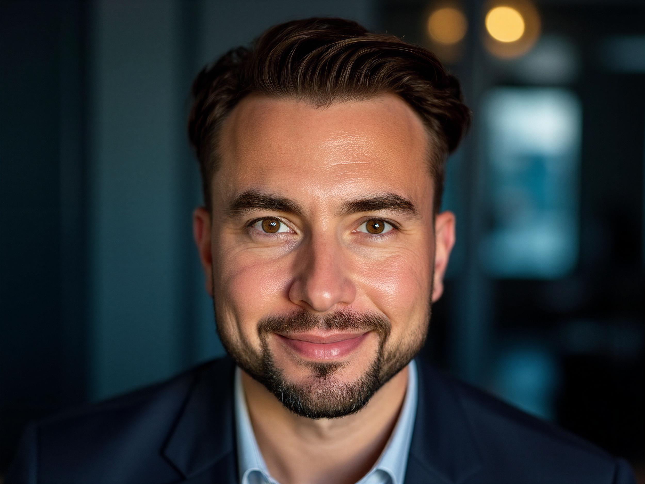 Alston B. Calderon PA-C smiling, in a Blue Suit dark background at Calderon Medicine Concierge Mental Health