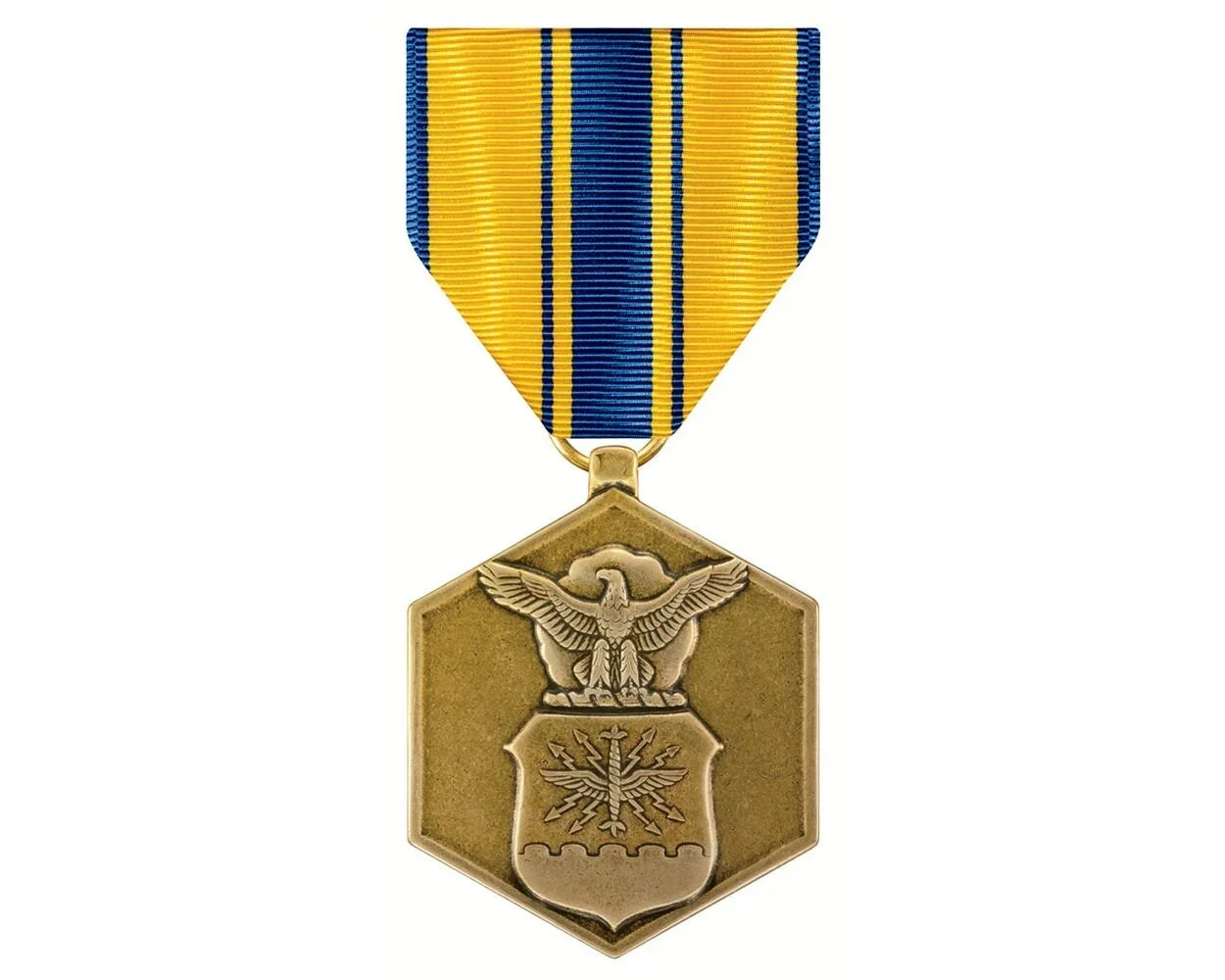 Alston Calderon military medal with a blue and yellow striped ribbon and a gold pendant featuring an eagle and shield design, Calderon Medicine Concierge Mental Health