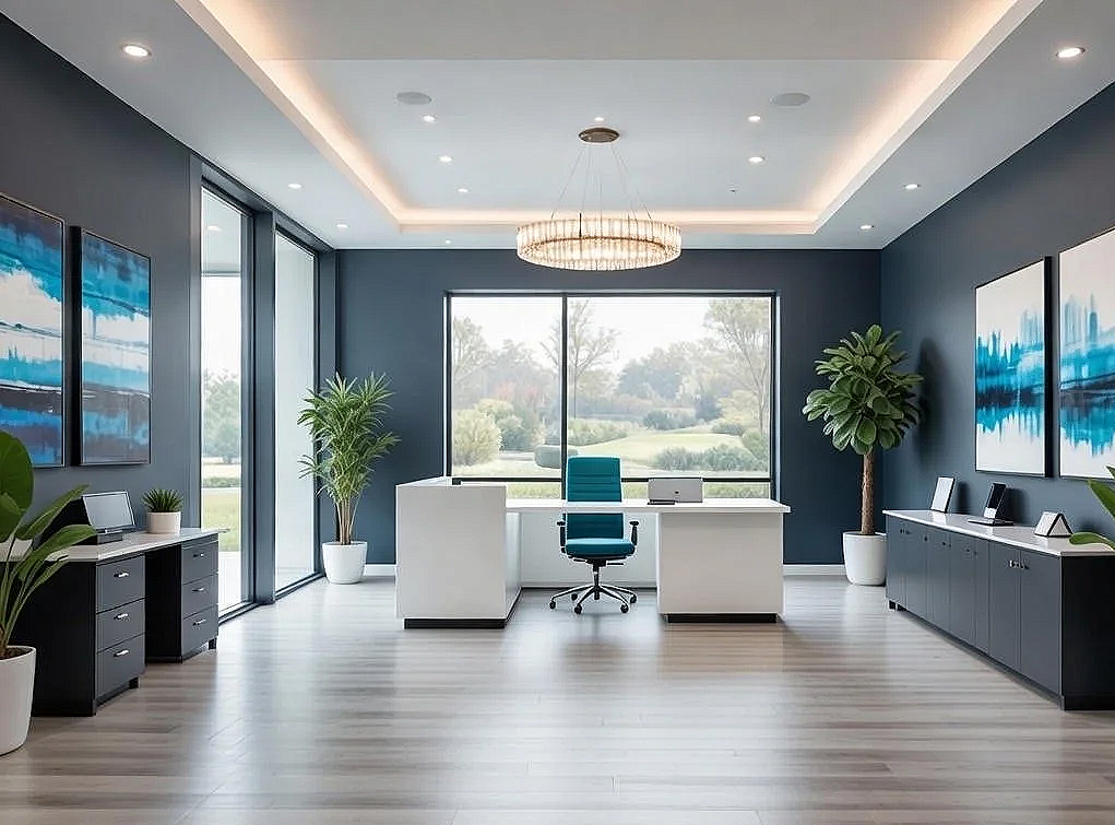 Calderon Medicine Concierge Mental Health office with large windows, white desk, teal office chair, potted plants, abstract blue artwork, and minimal decor.