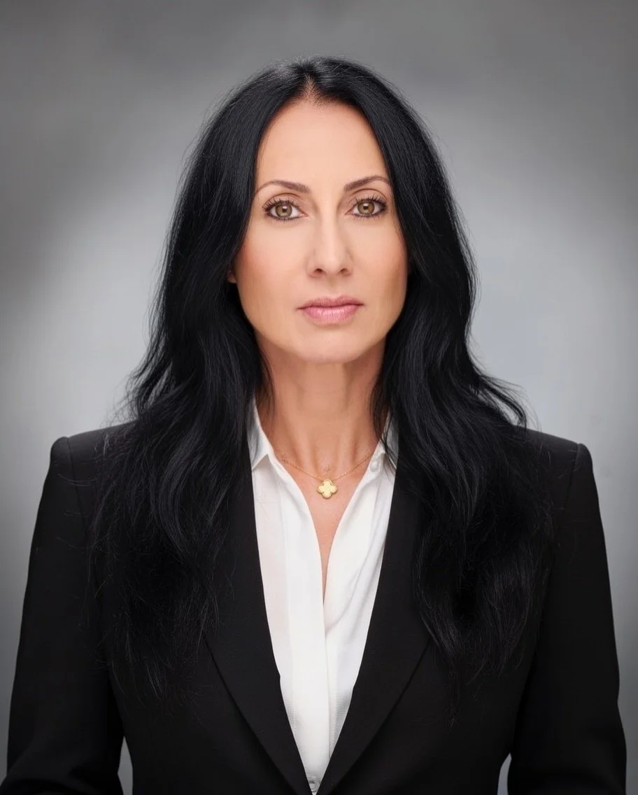 Yanai D. Calderon with long black hair, wearing a black blazer over a white blouse, and gold jewelry, standing against a neutral gray background at Calderon Medicine Concierge Mental Health
