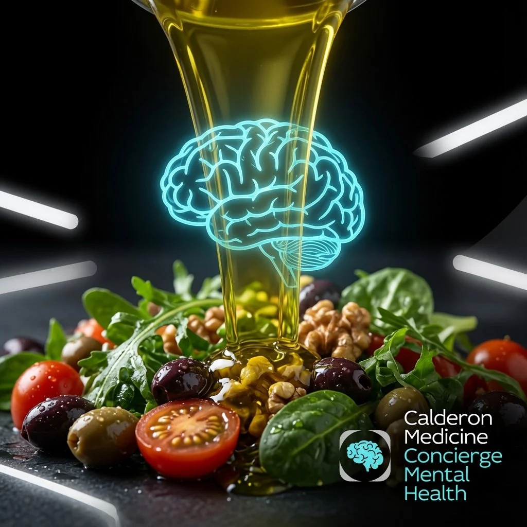 Golden extra virgin olive oil pouring over fresh Mediterranean salad with glowing cyan brain icon, symbolizing anti-inflammatory benefits for mental health and metabolic psychiatry at Calderon Medicine Concierge Mental Health
