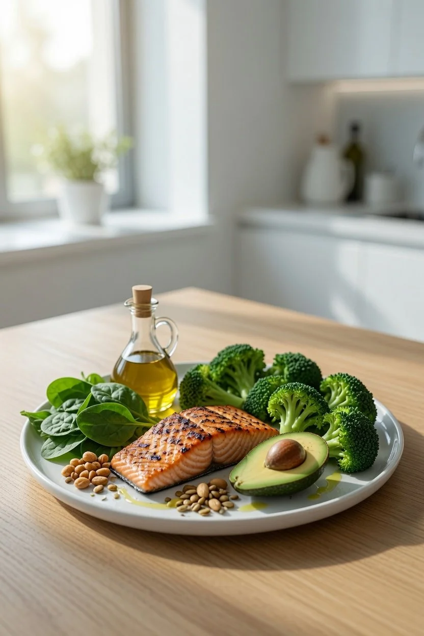 Appetizing plate of ketogenic foods for mental health featuring grilled salmon, fresh avocado, broccoli, spinach, walnuts, and olive oil on a light wooden table, created for Calderon Medicine Concierge Mental Health.