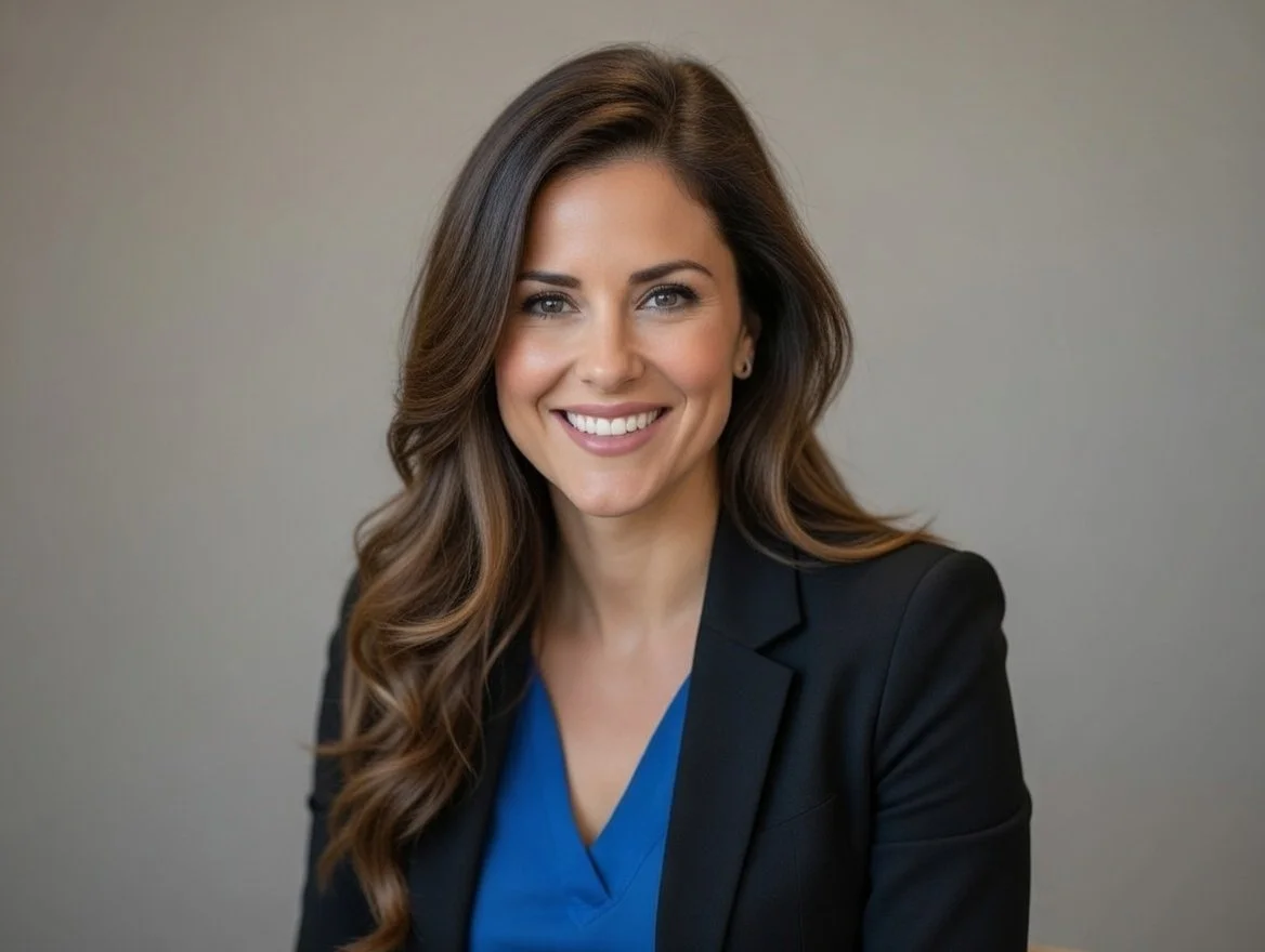 Alexandra Isabella in a black blazer, smiling with bright white teeth at Calderon Medicine Concierge Mental Health