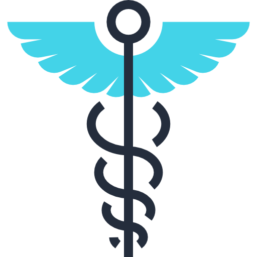 A medical symbol featuring a blue winged staff intertwined with a snake.