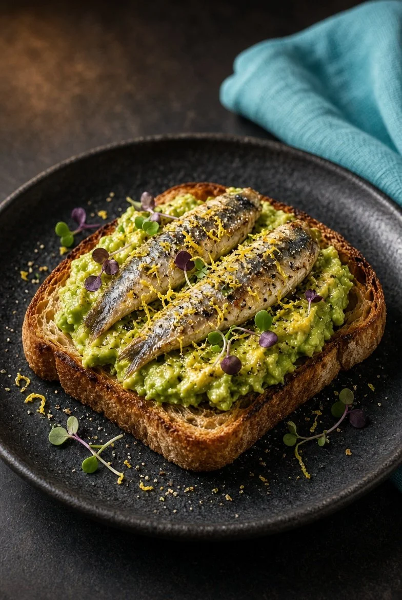 Whole-grain toast topped with smashed avocado, two sardines, lemon zest, cracked pepper, and microgreens on a dark plate, a practical meal example from Calderon Medicine Concierge Mental Health metabolic psychiatry care.