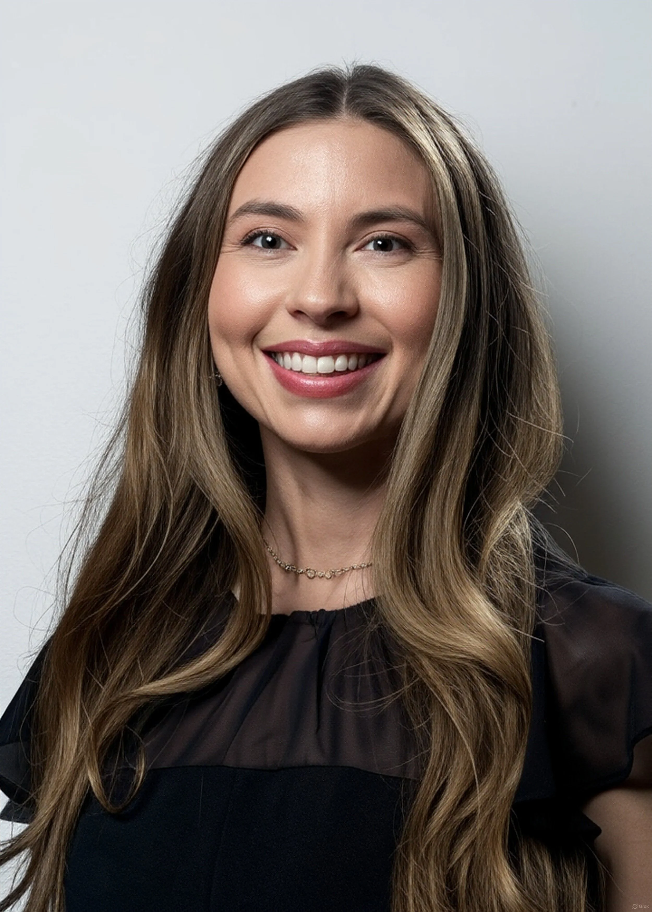 Tani M. Calderon with long, wavy blonde hair smiling with white teeth, wearing a black top with sheer sleeves and a delicate necklace, standing against a plain light gray background at Calderon Medicine Concierge Mental Health