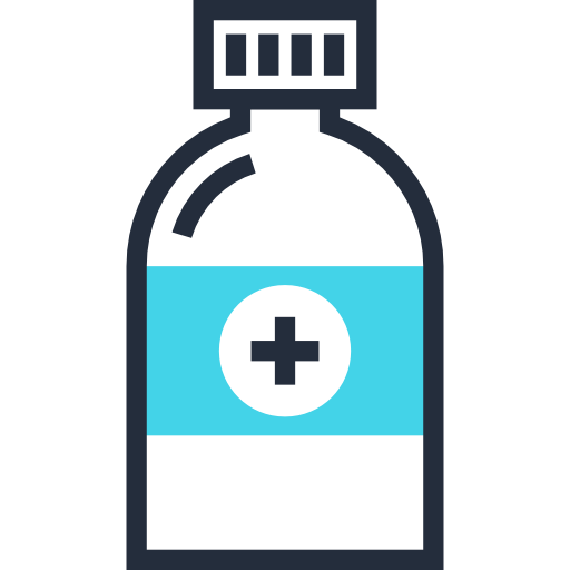 A medicine bottle partially filled with blue liquid, featuring a white label with a medical cross symbol.