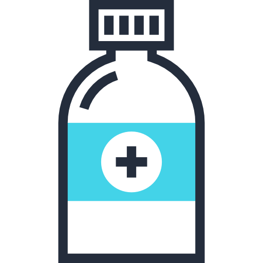 A medicine bottle partially filled with blue liquid, featuring a white label with a medical cross symbol.