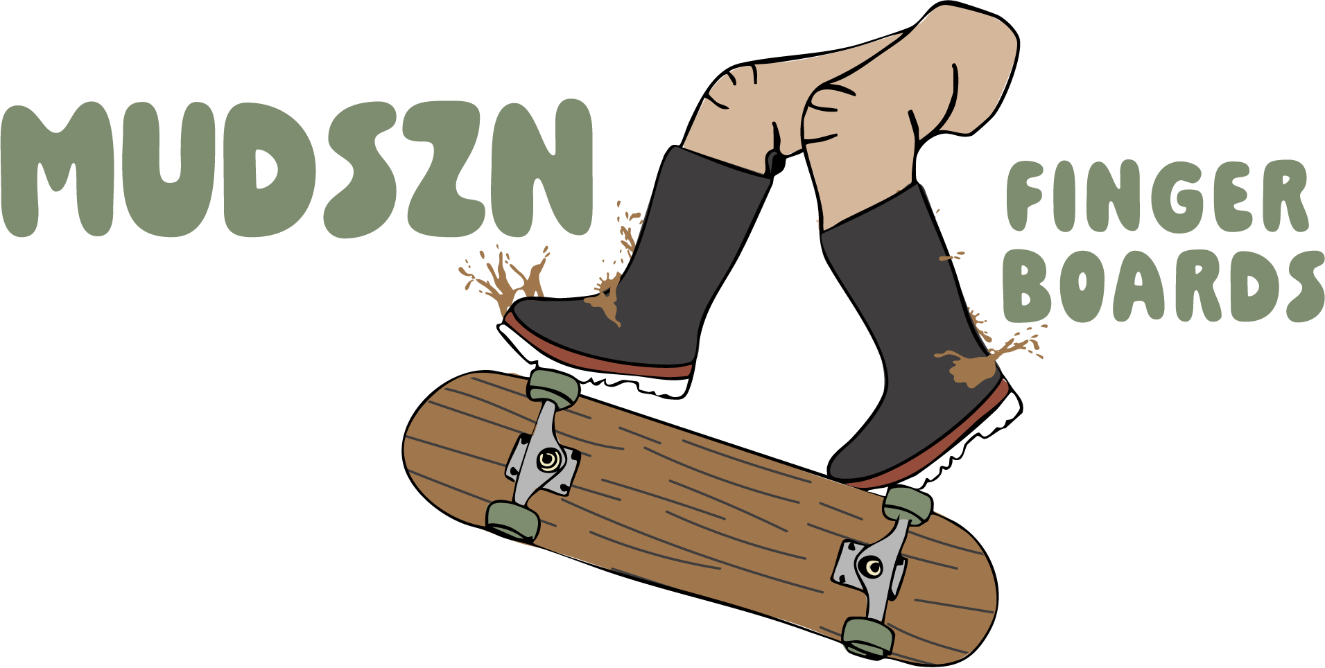 Illustration of two fingers in mud boots doing a kickflip on a wooden skateboard with mud splashing off of boots