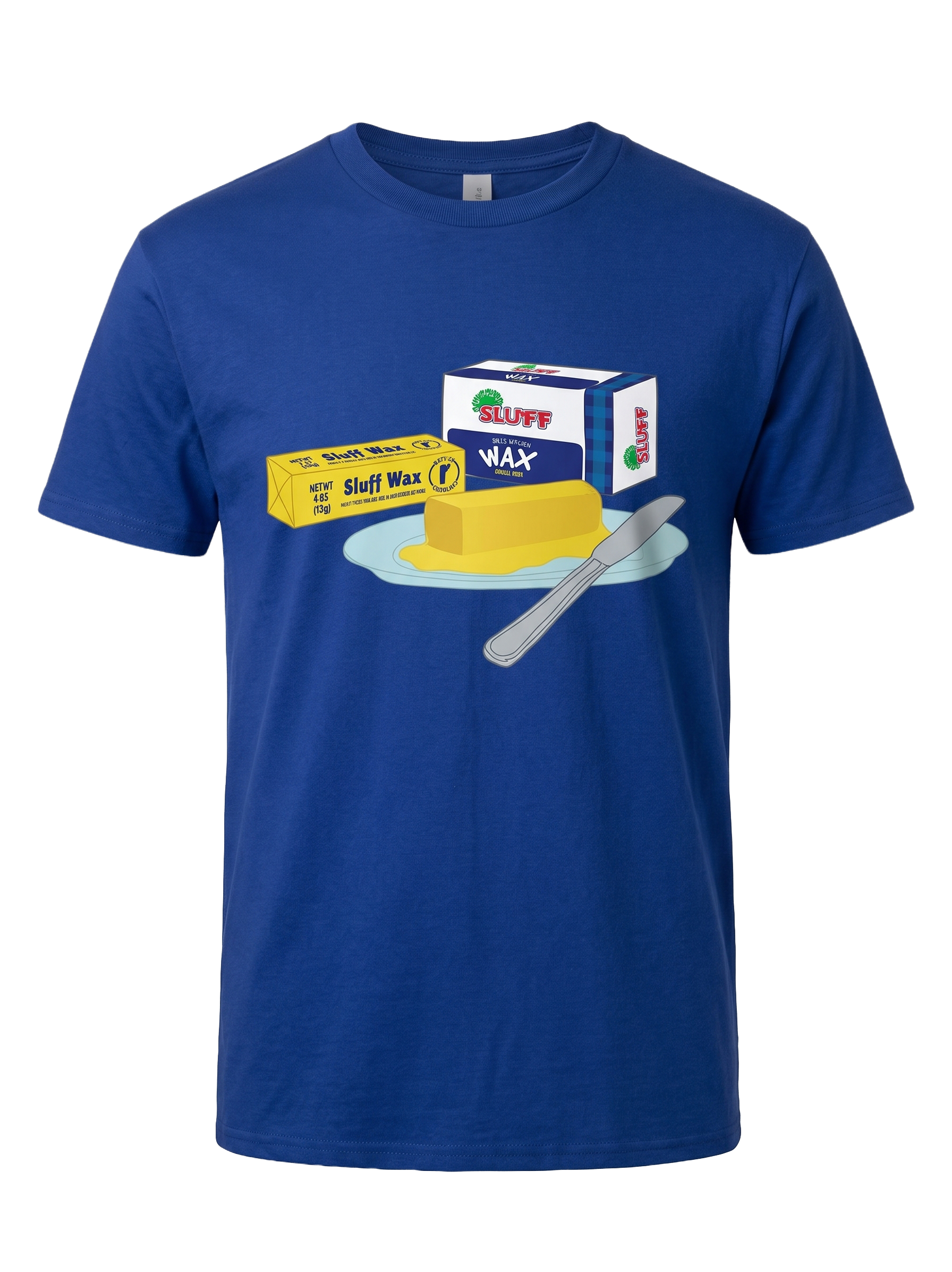 Blue t-shirt with Sluff Wax butter design on it