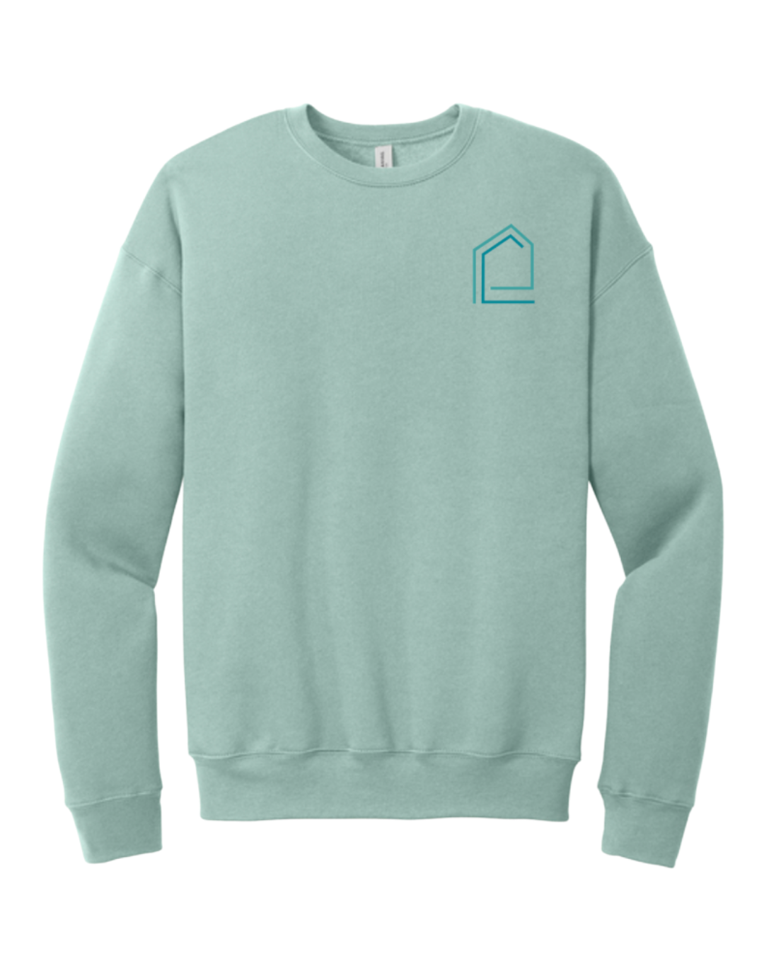 A mint green crewneck sweatshirt with a small, simple geometric logo on the upper left chest, consisting of a hexagon and a horizontal line.
