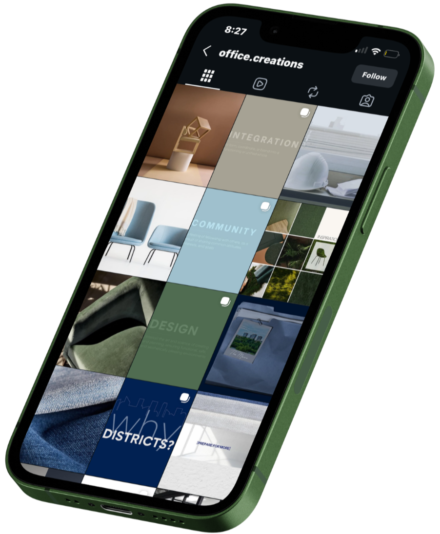A smartphone screen displaying an Instagram profile called 'office.creations' with various organized posts related to design, community, and districts.
