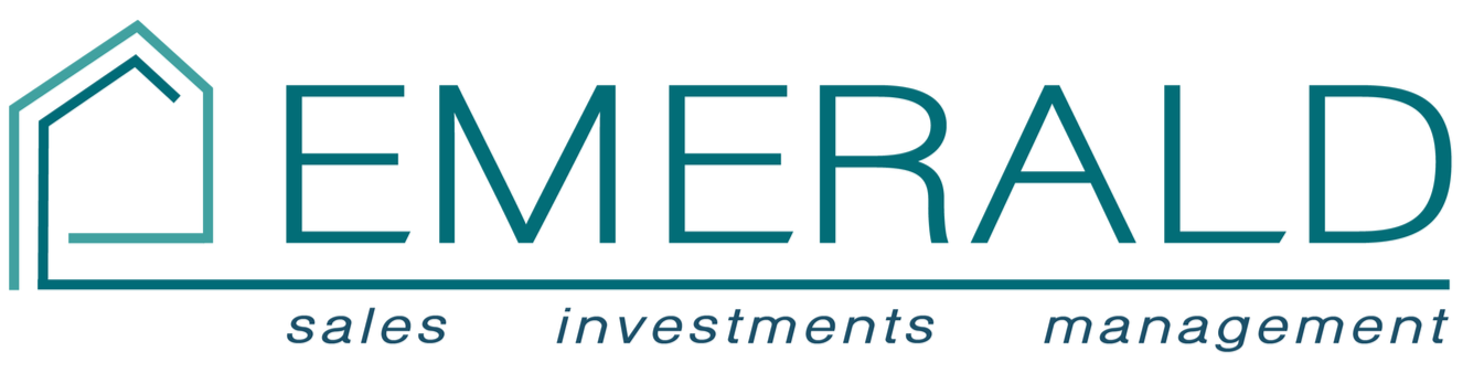 Logo for Emerald with a house outline on the left and text 'Emerald' in large letters, with 'sales', 'investments', and 'management' below.