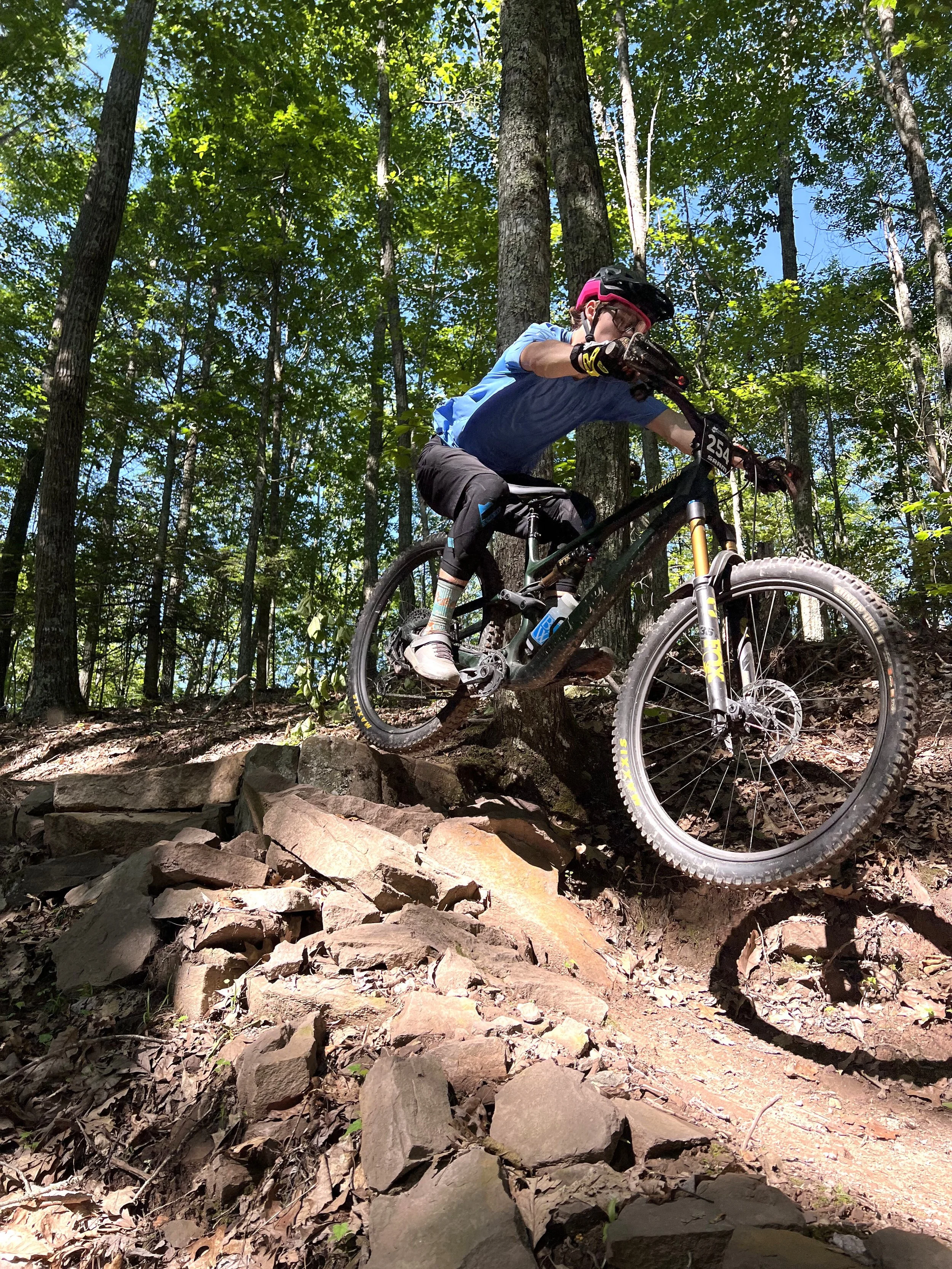 A person riding a mountain bike downhill over rocks and wooden steps in a forested area with tall trees and green leaves.