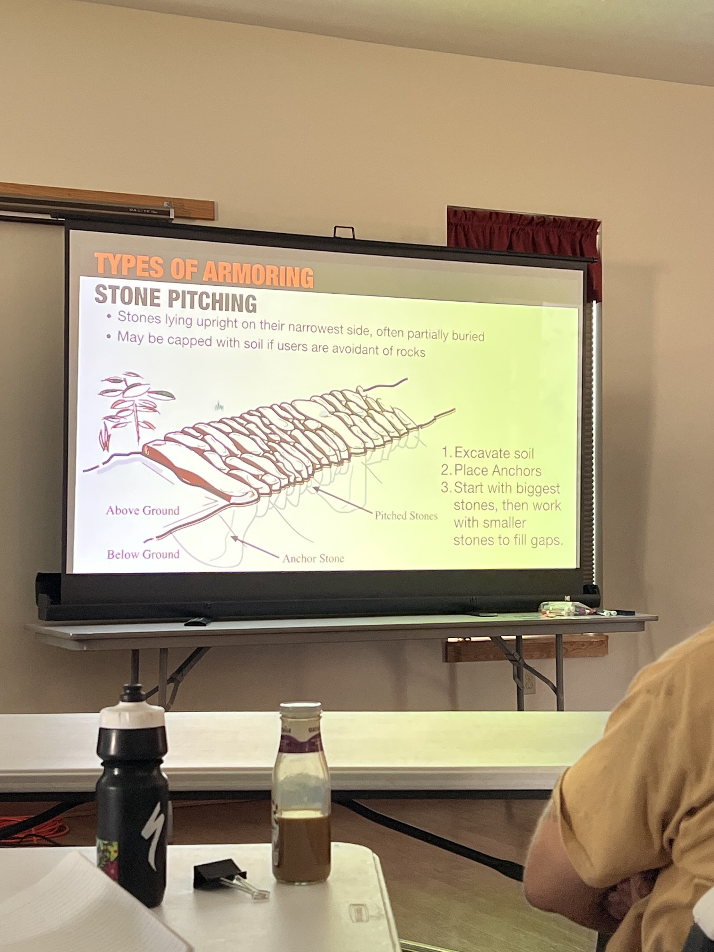 A presentation slide about types of armoring focusing on stone pitching, with diagram showing stones arranged on a slope with labels indicating above ground, below ground, pitched stones, and anchor stone. Instructions include excavate soil, place an