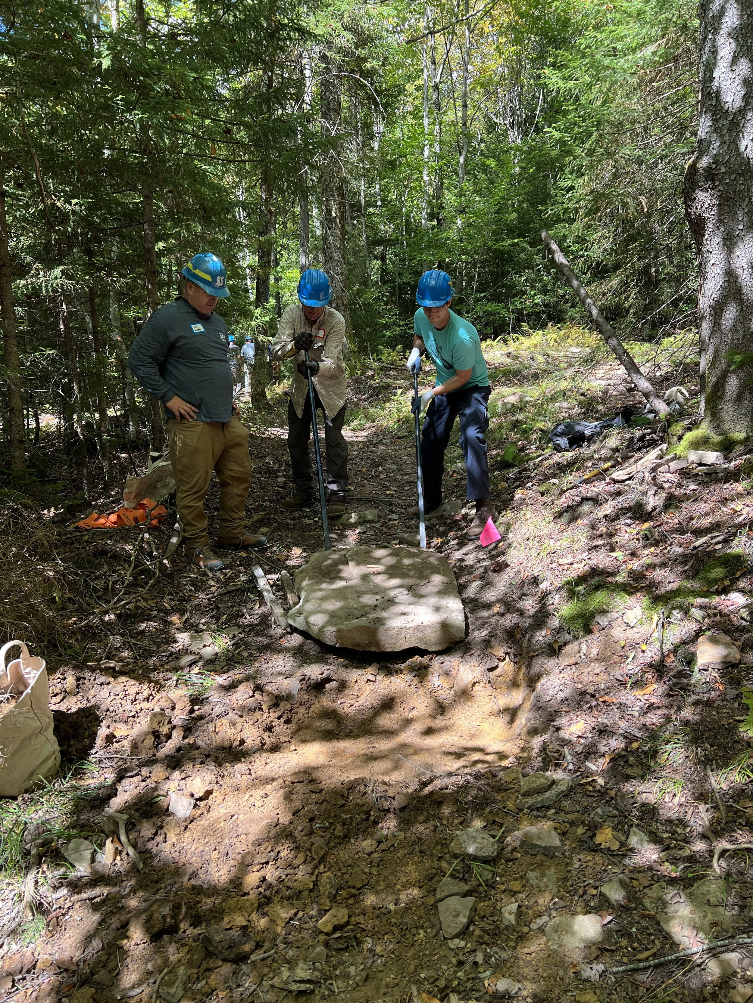 Three individuals in blue helmets working on a large rock in a forest trail, possibly doing geological or environmental work, with two additional people in the background.