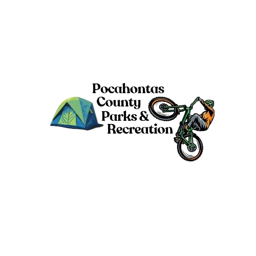 Logo for Pocahontas County Parks and Recreation featuring a tent and a person riding a bicycle.