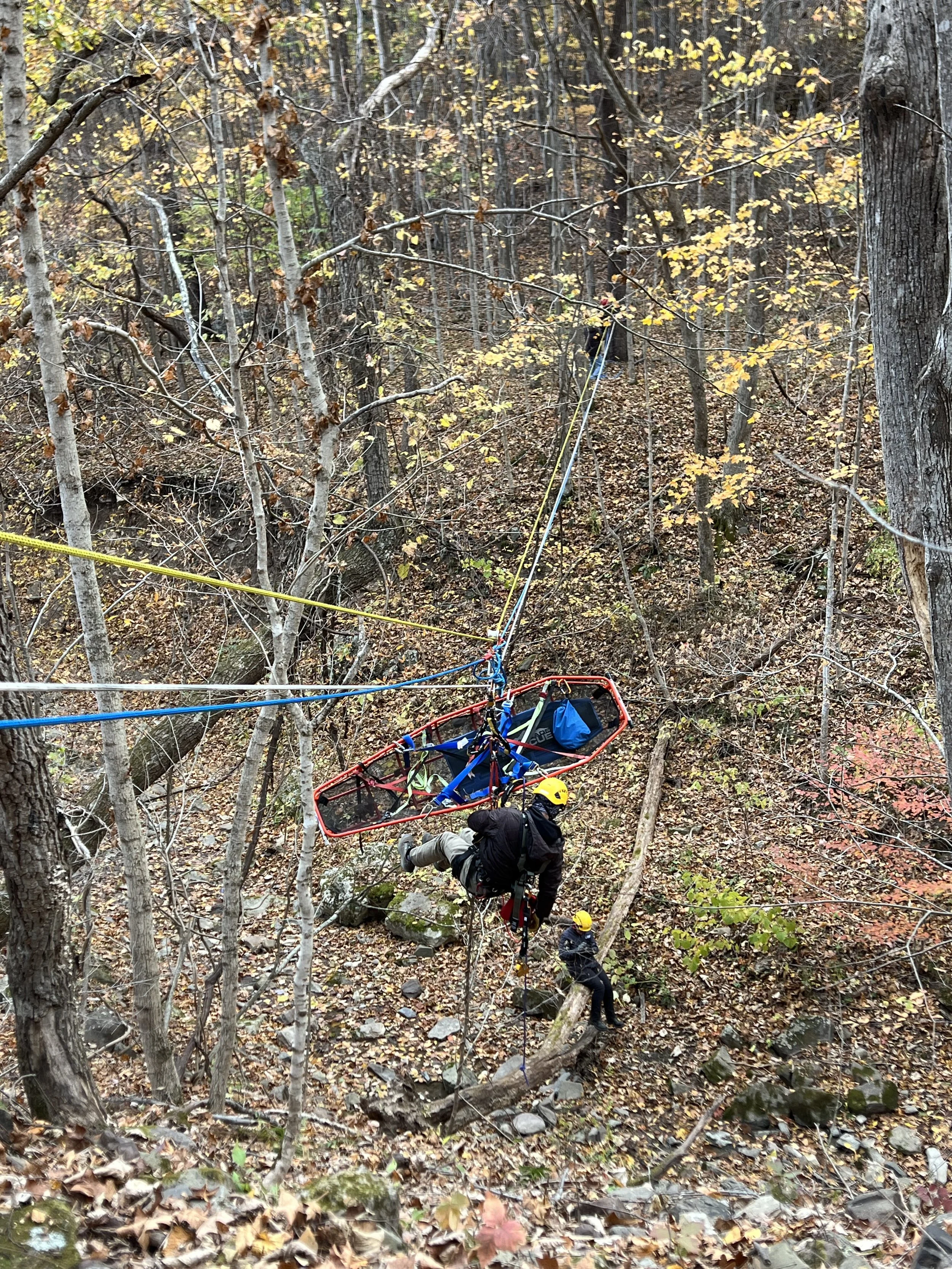 Two rescue workers in helmets and harnesses lift a litter rescue stretcher with equipment through a wooded area with fallen leaves, rocks, and trees.