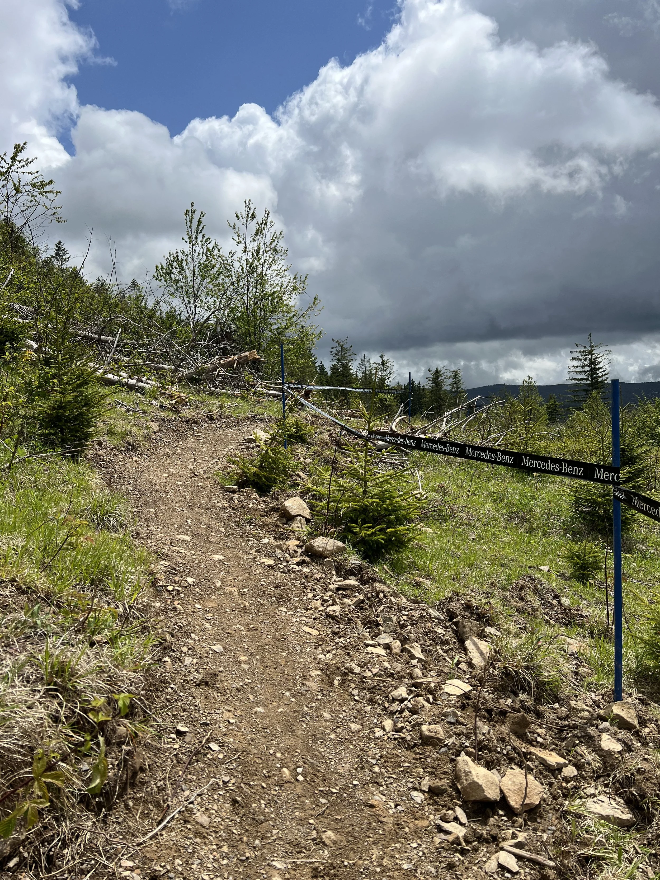 A dirt hiking trail on a hillside, bordered by small trees and bushes, with a cloudy sky overhead and a black ribbon barrier with Mercedes-Benz branding along the side.