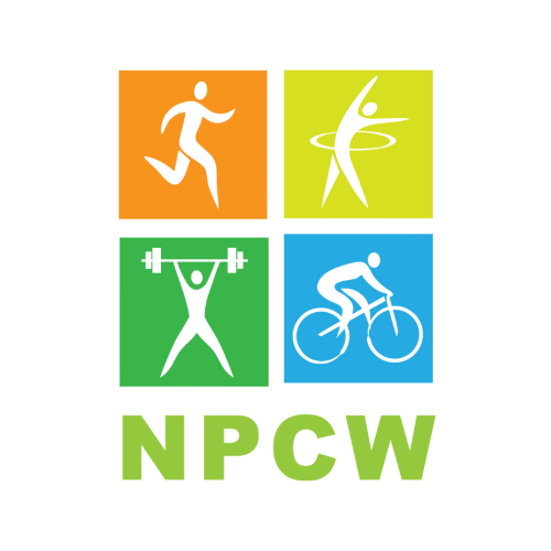 Graphic with icons representing running, dancing, weightlifting, and cycling, above the text 'NPCW' in green.