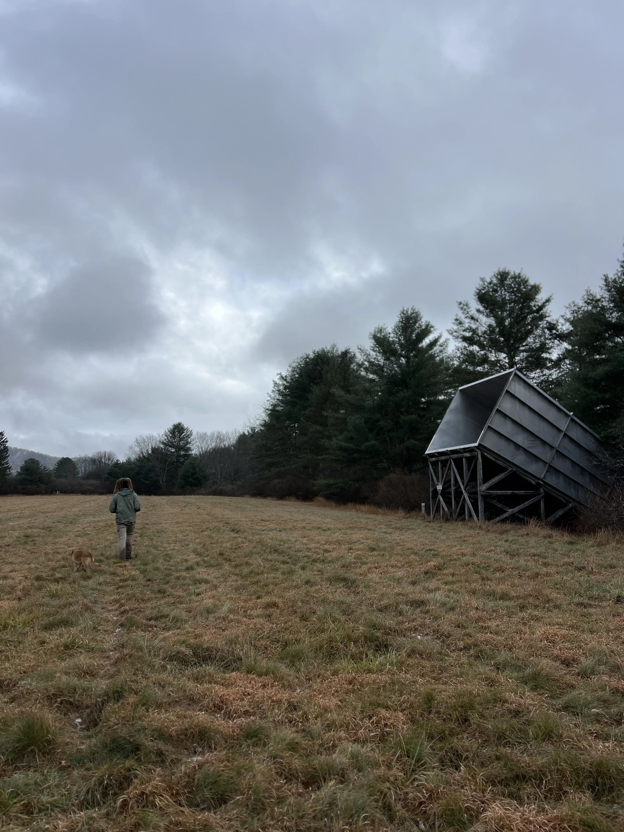 A person walking a dog across an open grassy field with trees in the background and a tilted, abandoned metal structure to the right.