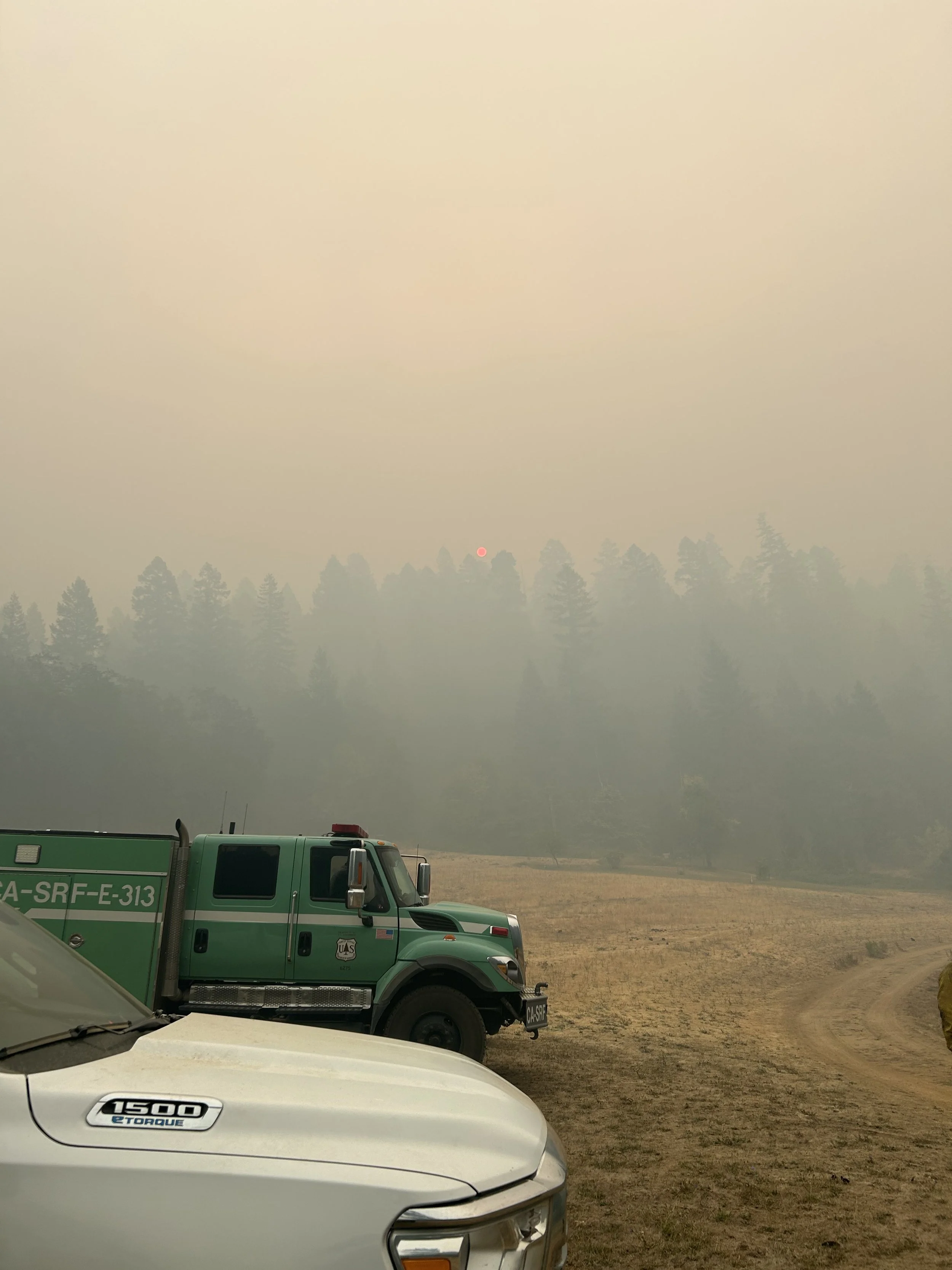 A landscape scene with a hazy sky caused by smoke, a line of trees in the background, and a dirt field. There is a green U.S. Forest Service vehicle and a silver vehicle partially visible in the foreground.
