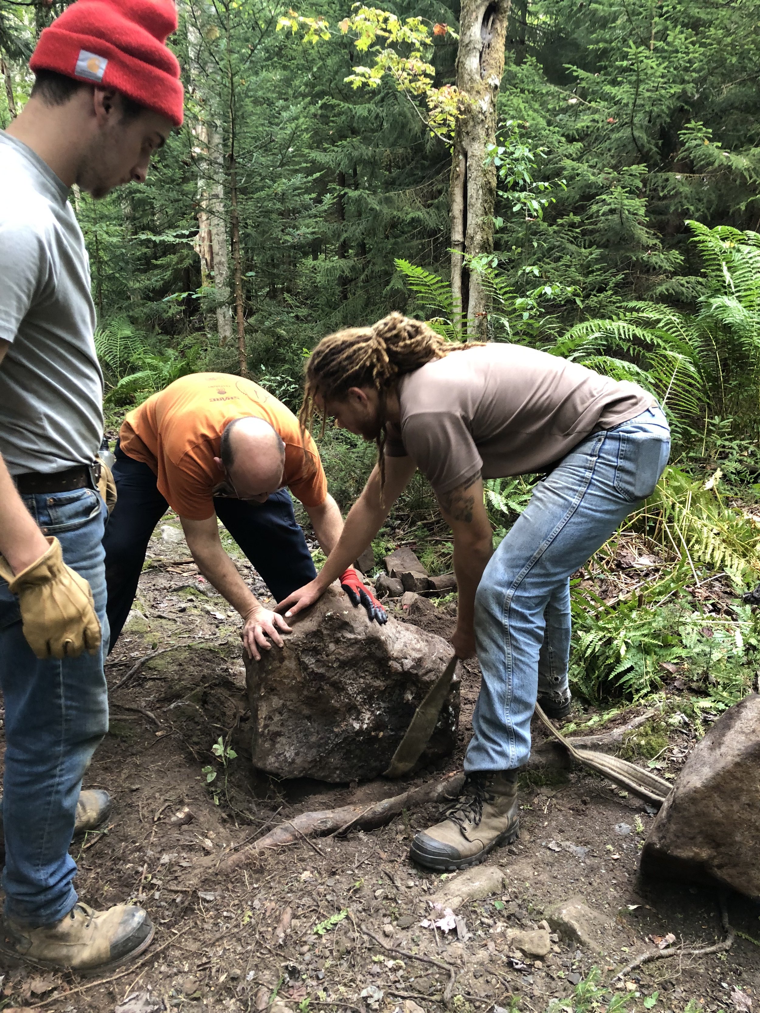 Three people in a forest working together to move a large rock, using a saw and their hands, surrounded by green plants and trees.