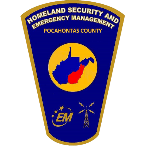 Badge for Homeland Security and Emergency Management, Pocahontas County, featuring a map outline of West Virginia with Pocahontas County highlighted in red, and symbols for emergency management and communication.