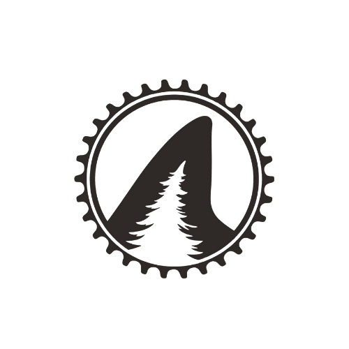 A black, circular logo featuring a silhouette of a mountain, a pine tree, and a gear outline.