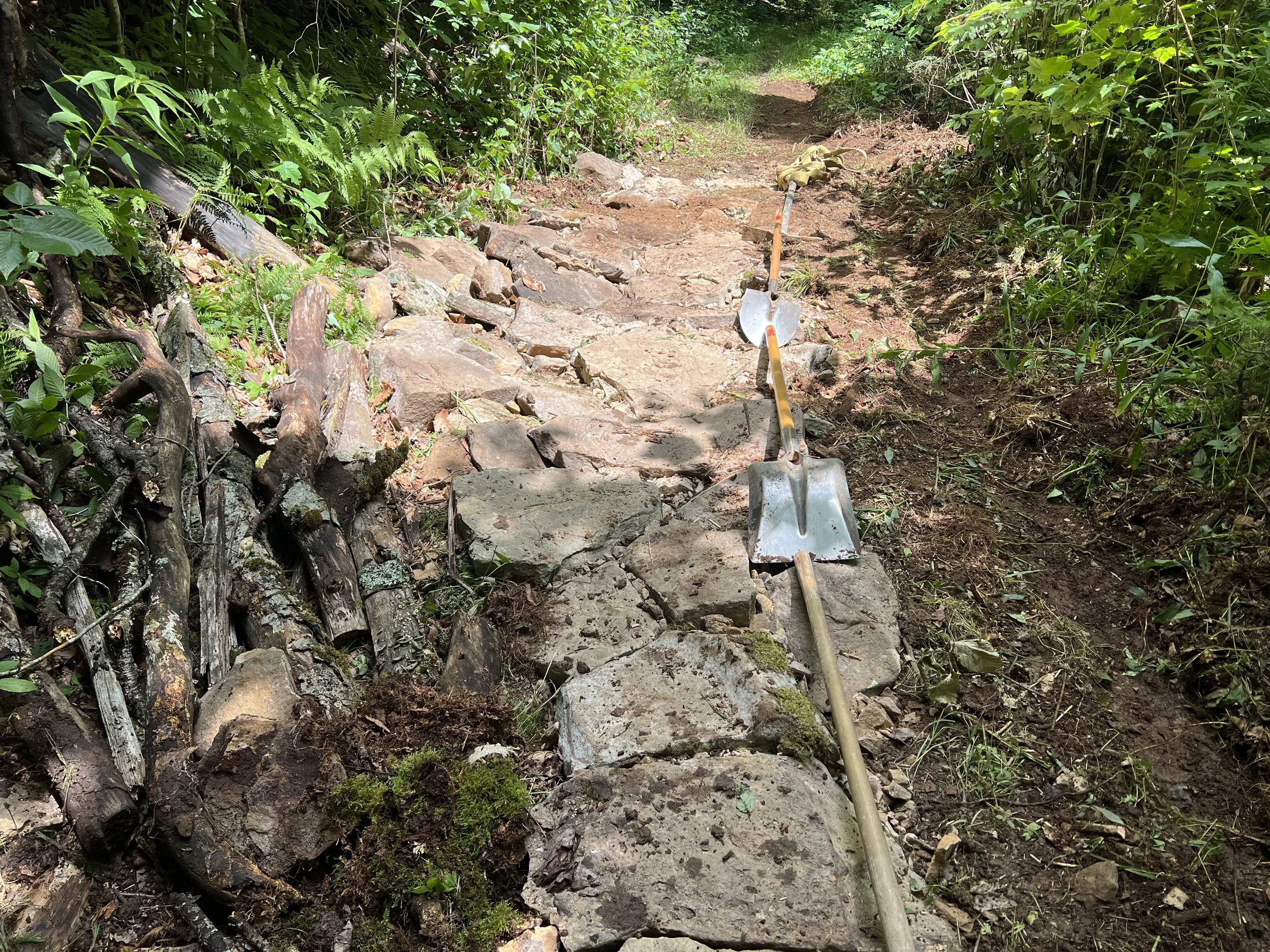 Partially constructed stone pathway with shovels placed on it, surrounded by green foliage and trees.