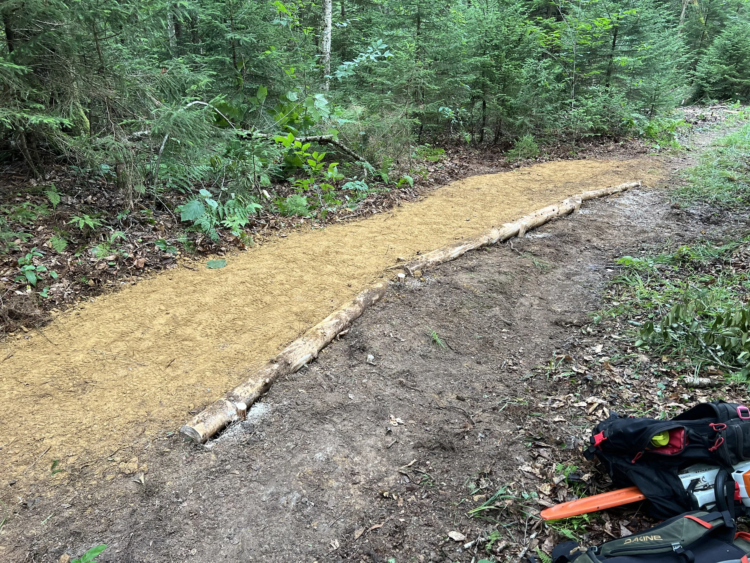 Trail in a forest with a section of fresh dirt and yellowish material, bordered by small logs. A black backpack and a tool are placed near the trail on the right.