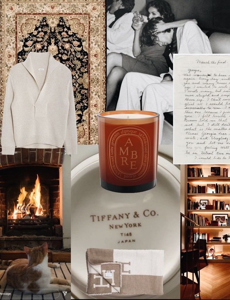 Collage of various items and scenes including a Tiffany & Co. serving platter with a candle labeled 'AMBRE,' a cozy fireplace, a group of women enjoying drinks, a handwritten note, a cat, a display bookshelf, a sweater, and a tapestry with a floral pattern.