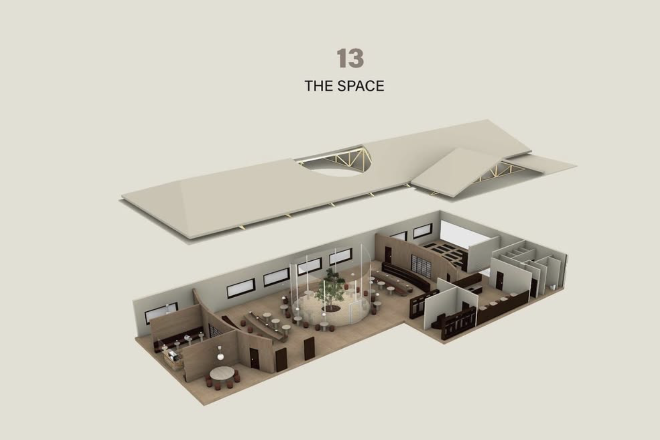 3D floor plan of a building with a large open interior space, smaller rooms, and an outdoor courtyard, with a separate roof structure above.