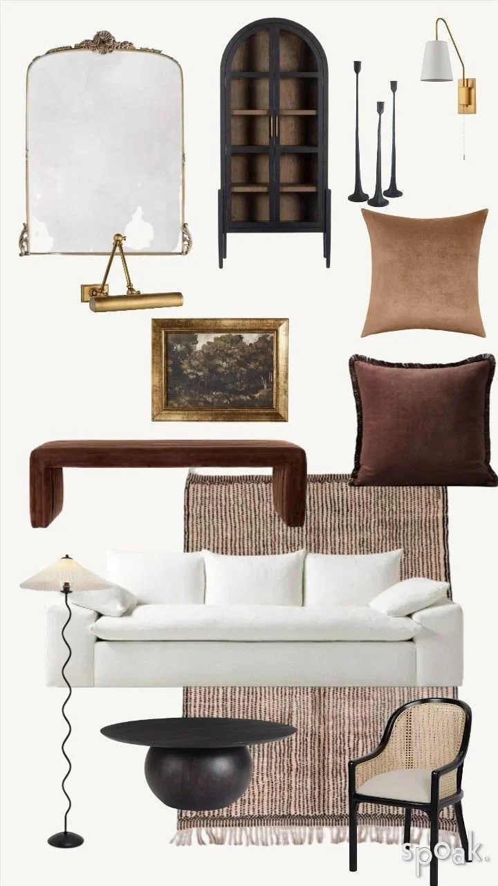A collage of furniture and decor items including a large rectangular mirror with ornate gold frame, a dark arched bookshelf, a white wall-mounted lamp, a modern wall sconce, a beige pillow, a brown pillow, a white couch with pillows, a black round coffee table, a patterned rug, a floor lamp with a curved stand, and a black frame armchair with a light cushion.