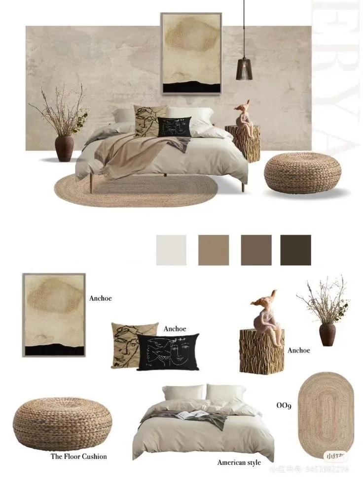 A bedroom with a neutral color palette, featuring a bed with white and beige bedding, a round woven rug, a wicker pouf, artwork, a vase with branches, and decorative pillows with abstract and face designs.