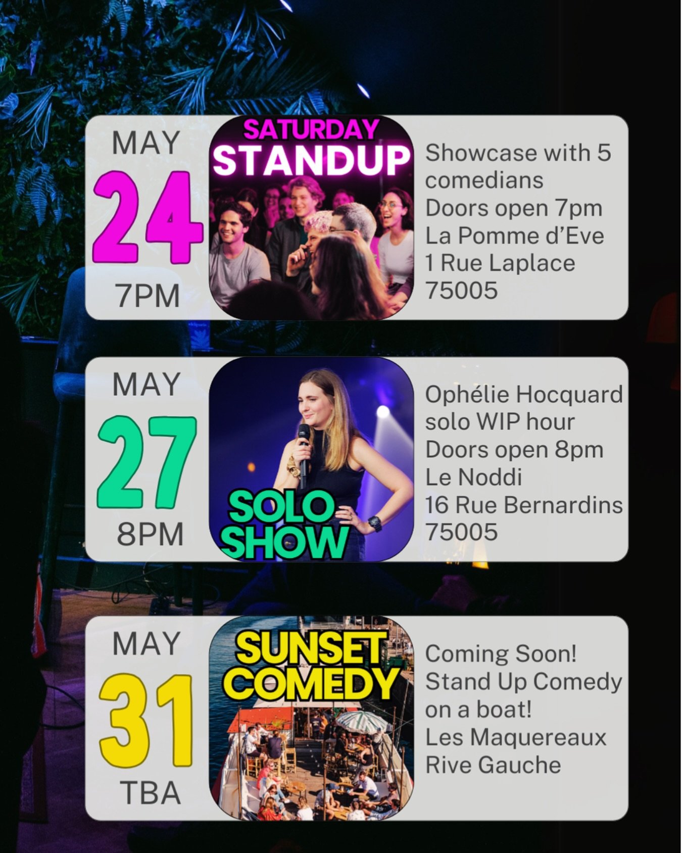Paris! See English stand up comedy in May at one of our many events. Free bookings at www.coucoucomedyclub.com . Pay-what-you-can exit. See you soon! #parisfun #comedyclubparis #parisevent #englishcomedyinparis #expatparis