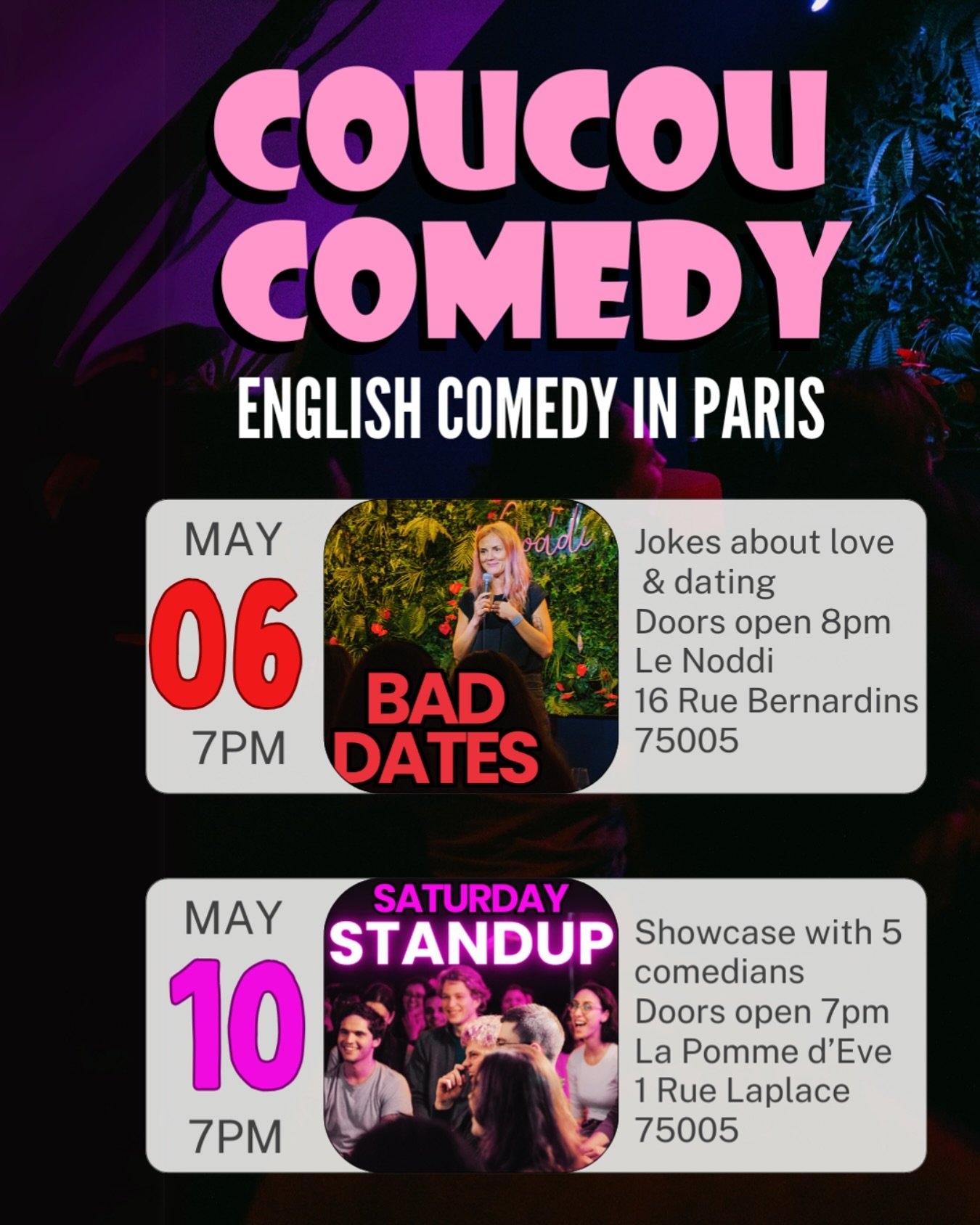 Paris! See English stand up comedy in May at one of our many events. Free bookings at www.coucoucomedyclub.com . Pay-what-you-can exit. See you soon! #thingstodoinparis #pariscomedy #bestofparis #parisexpat #englishcomedy