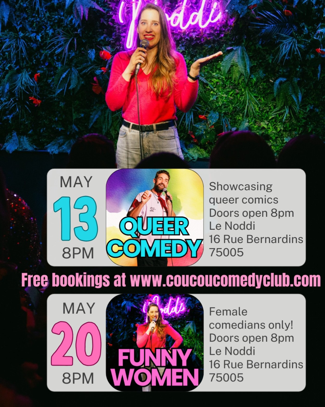 Paris! See English stand up comedy in May at one of our many events. Free bookings at www.coucoucomedyclub.com . Pay-what-you-can exit. See you soon! #parisgram #parisvibes #queercomedy #funnywomen #femalecomedians #parisevents