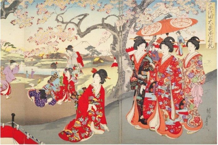 Ukiyoe of Ohanami in Edo Era. (“A Hanami at The Edo Castle Yoshu” by Hashimoto Chikanobu)