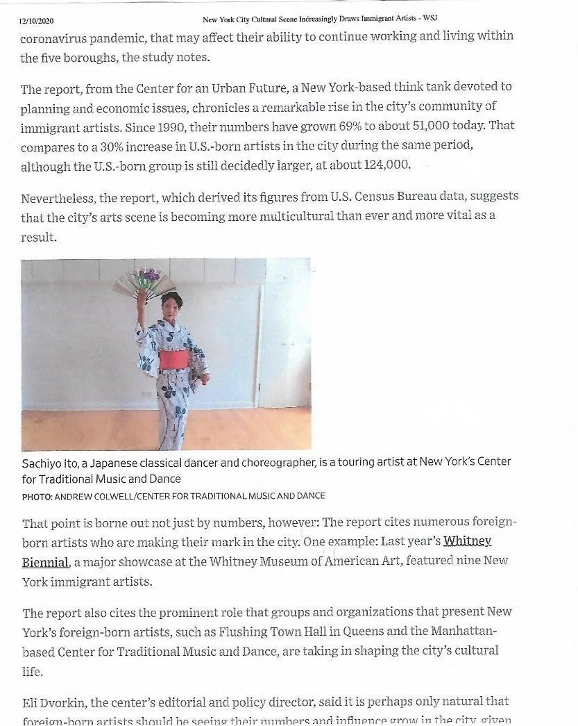 Wall Street Journal 2020: New York City Cultural Scene Increasingly Draws Immigrant Artists - WSJ