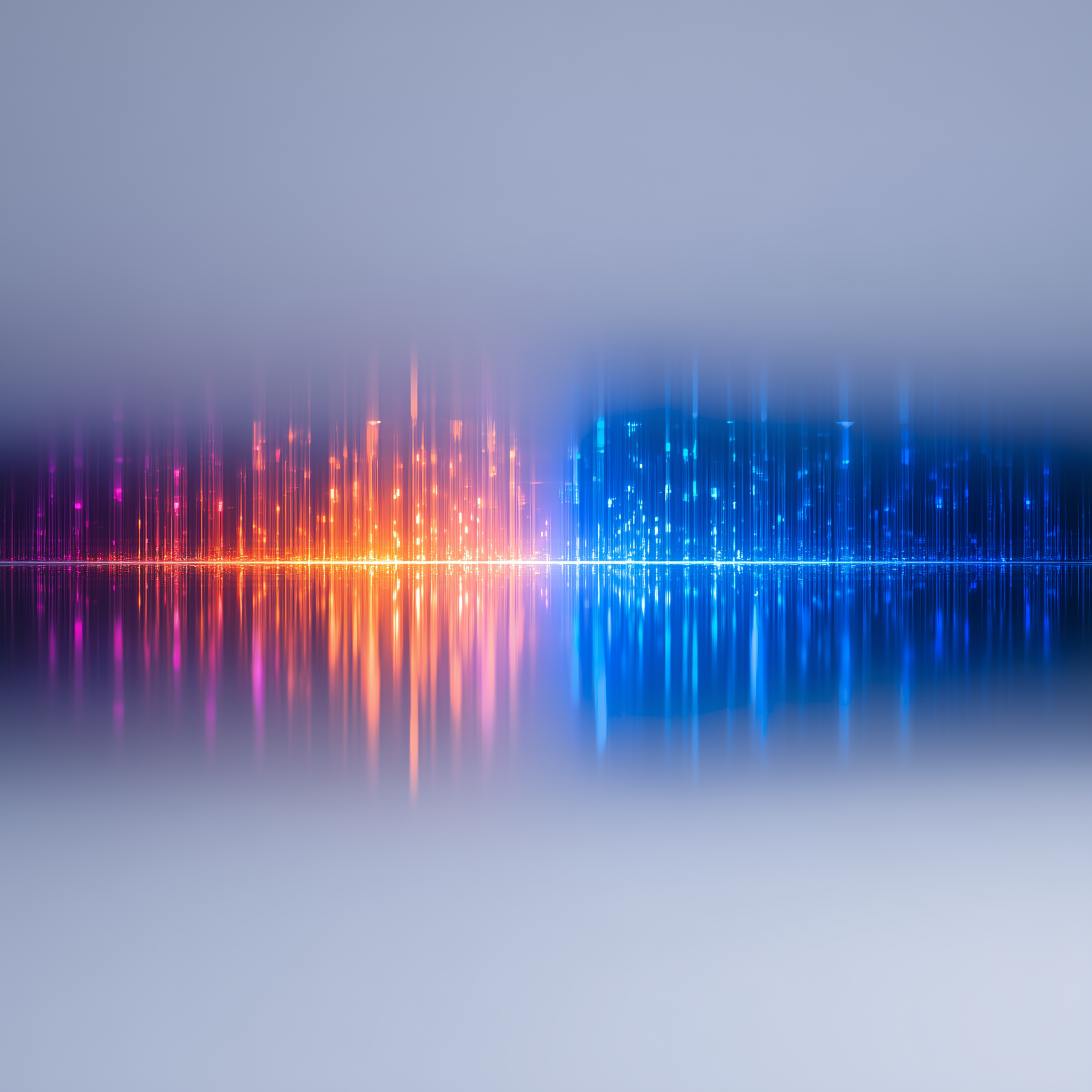 Abstract digital light display with pink, orange, and blue vertical light streaks above a reflective surface.