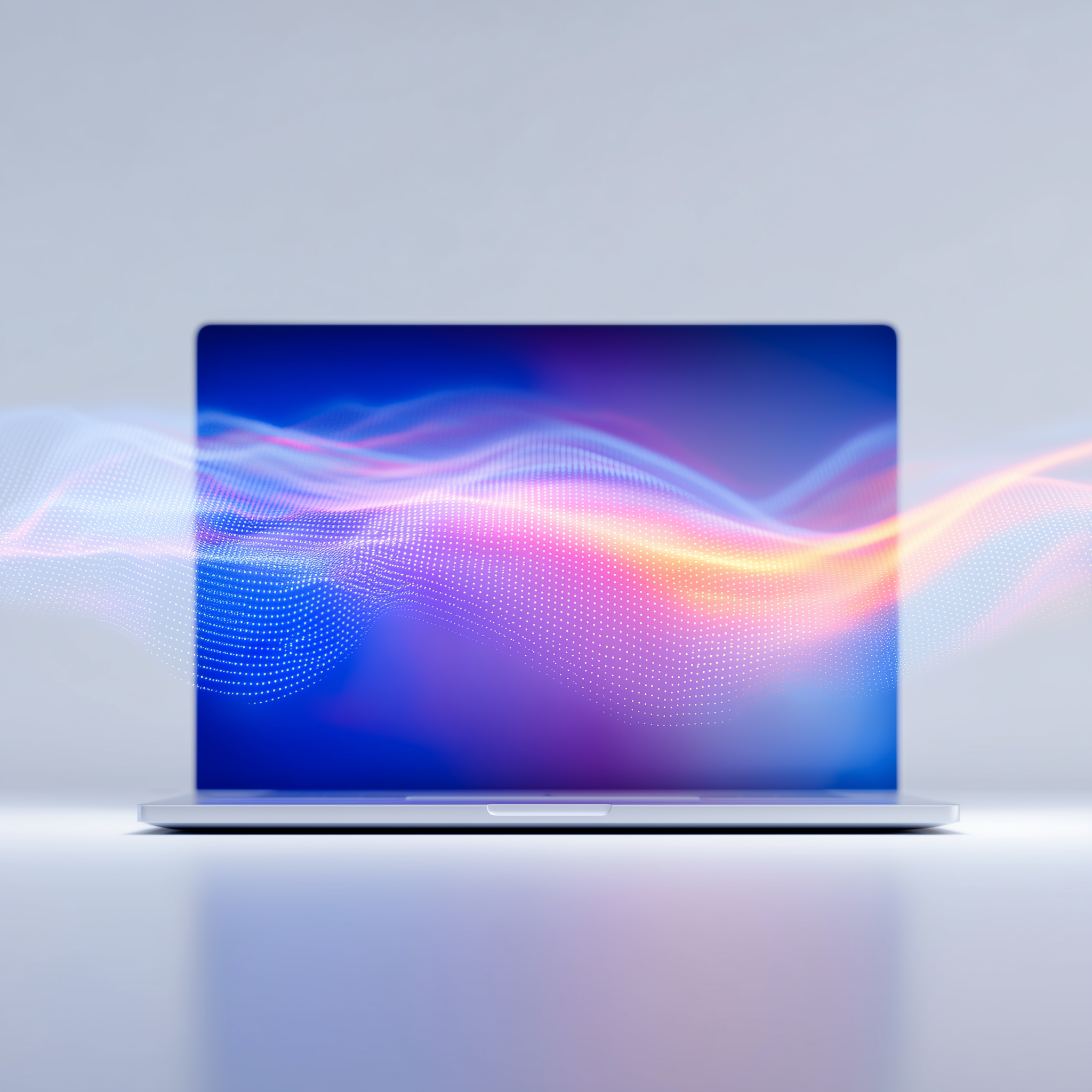 A laptop with a glowing, colorful digital wave pattern on the screen.