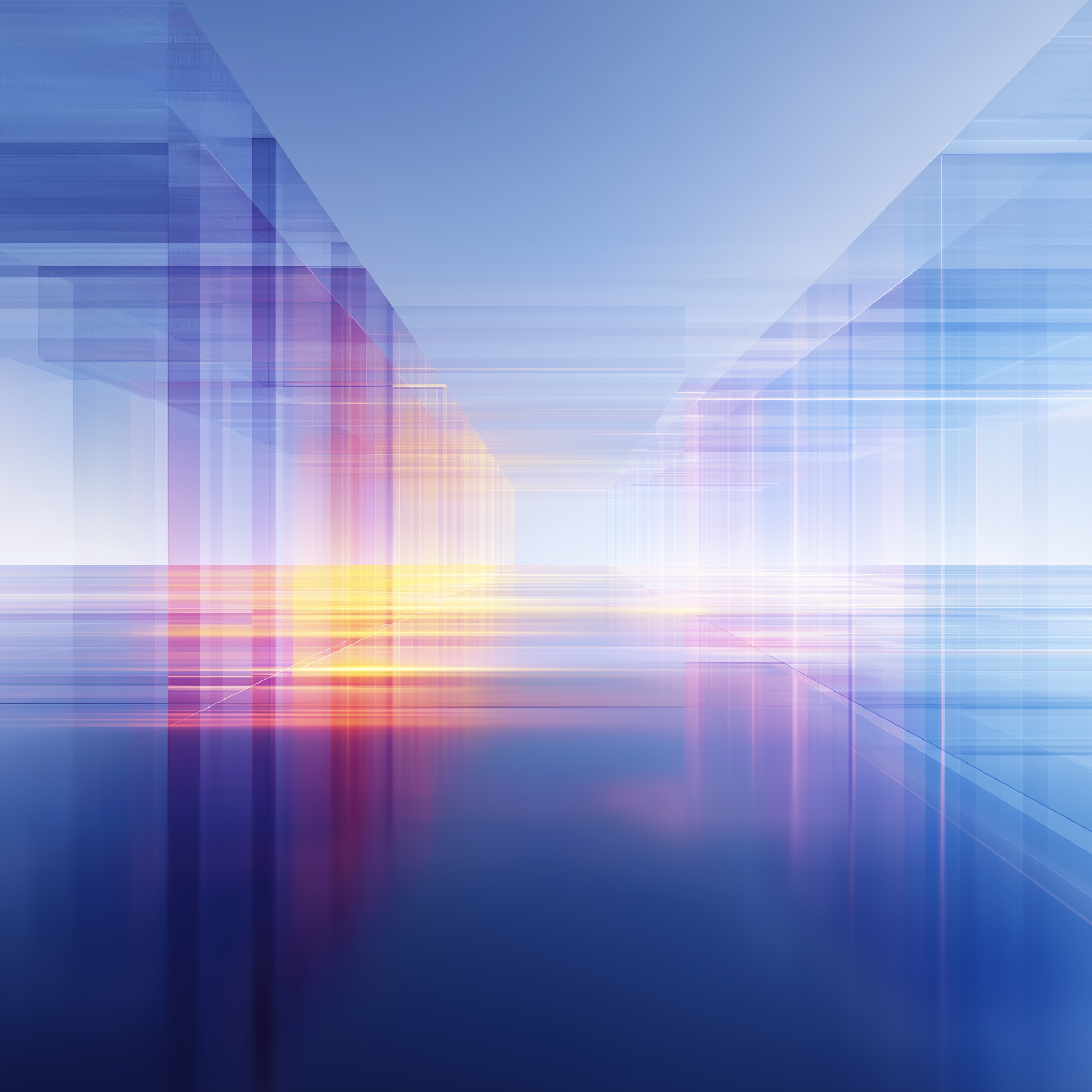 Abstract digital cityscape with glowing lines and geometric shapes in blue, purple, pink, and yellow tones.