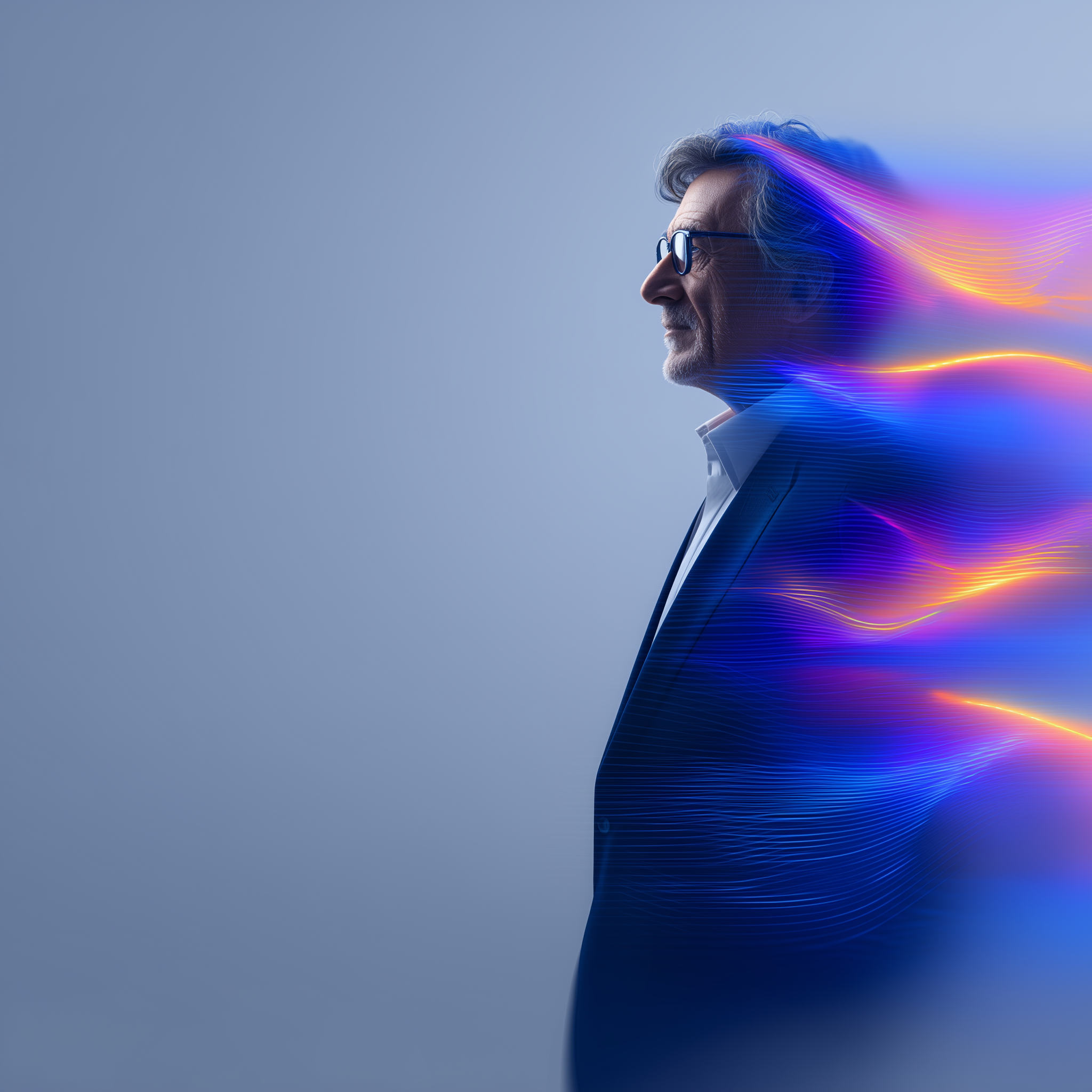 A profile of an older man with glasses, dressed in a suit, with colorful light streaks emanating from his back.