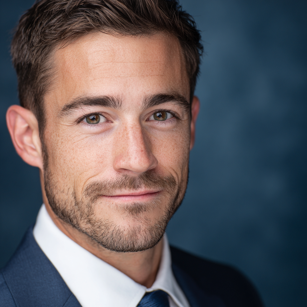 Close-up of a young man with short brown hair, light brown eyes, a trimmed beard, and wearing a dark suit, white shirt, and blue tie, smiling subtly against a blue background.